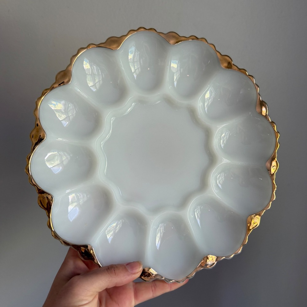Vintage Milk Glass Deviled Egg Plate Scalloped 22k Gold Trim Serving Platter 10"